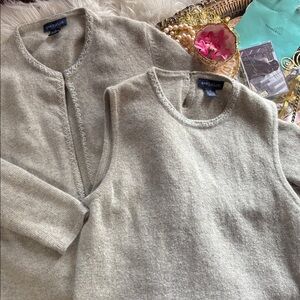 Ann Taylor Vintage Wool Rabbit Twin Set Sweater Vest Tank Cardigan M Beaded Gray
